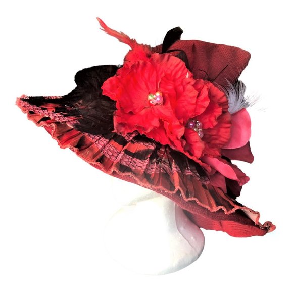 Handcrafted Y2K Boho Red Wool Blend Glamorous Embellished Floppy Hat NEW main image 5